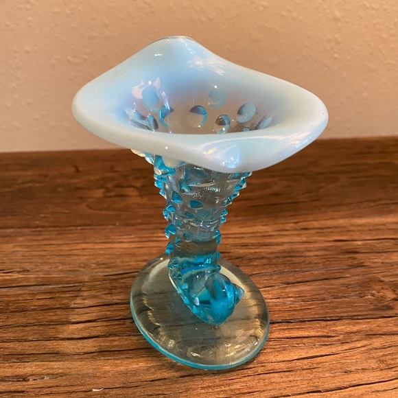 Fenton Blue Opalescent Hobnail Horn of Plenty 
Small Vase - Picture 3 of 8
